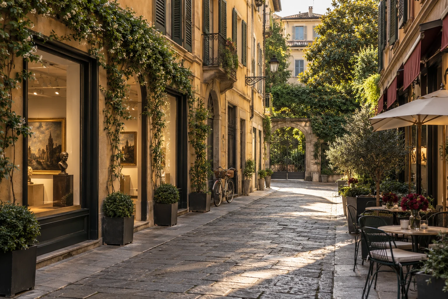 An illustrated Brera street with ochre façades, green shutters and café tables
